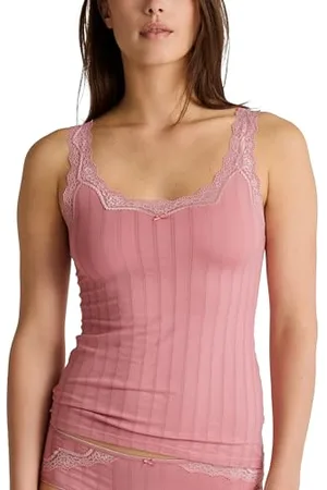 Calida Etude Toujours Tank Top Damen, mit Swiss+Cotton-Gütesiegel, edle Nadelstreifen-Optik und zarte Spitze am Ausschnitt