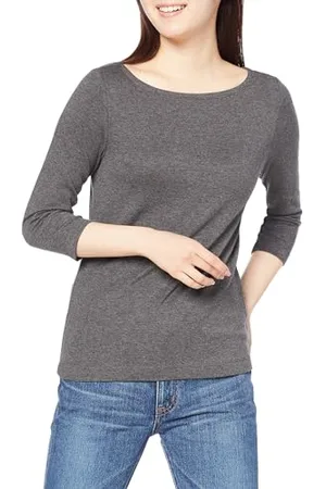 Amazon Damen T-Shirt mit Bateau-Ausschnitt und 3/4-Ärmeln in schmaler Passform, , S