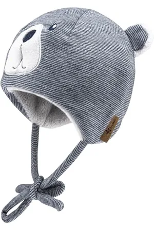 Sterntaler Mütze mit feinem Streifen und Applikation Bär - Jungen Beanie mit Ohrenklappen und Bindeband - warme Babymütze aus Mischgewebe, gefüttert mit Teddyflausch - , 39
