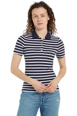 Tommy Hilfiger Damen Poloshirt Kurzarm Stripe Slim Fit, Mehrfarbig (Breton Desert Sky/Ecru), XL