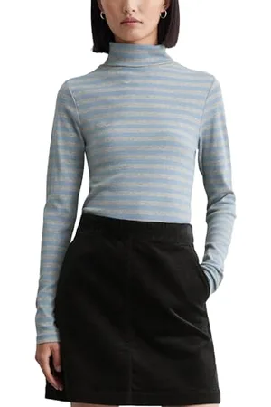 Marc O’ Polo Marc OߴPolo Denim Damen Langarmshirt mit Rollkragen gestreift, Blau (Medium Blue Multi 01), L