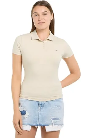 Tommy Hilfiger Damen Poloshirt Kurzarm Essential Polo Slim Fit, Elfenbein (Newsprint), XS