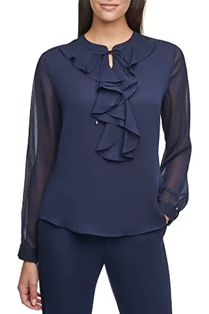 Tommy Hilfiger Damen Long Sleeve Ruffle V-Neck Blouse Bluse, , Mittel