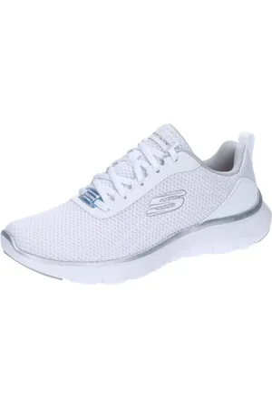 Skechers Damen Flex Appeal 5.0, Weißes Netz, silberfarbene Zierteile, 39.5 EU