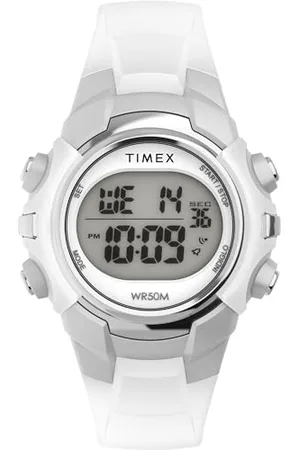 Timex Sport Unisex-Armbanduhr, 33 mm, weißes Kunstharzarmband, digitales Zifferblatt, silberfarbenes Gehäuse TW5M61500