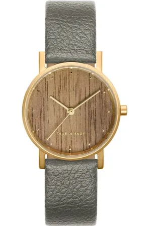 Take A Shot Holzuhr Damen Gold - Kleine Holz Armbanduhr Gold mit veganen Armband Grau, Damenuhr mit Zifferblatt aus Walnuss-Holz, 27 mm - Mila Concrete VEGAN