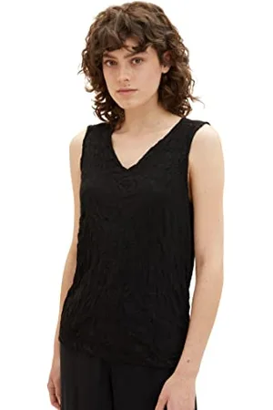 TOM TAILOR Damen 1037429 Top mit Crinkle-Struktur, 14482-Deep Black, M
