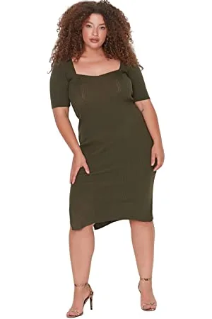 Trendyol Damen Woman Midi Bodycone Carmen Collar Knitwear Plus Size Dress Kleid, , XXL Große Größen EU
