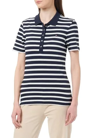 Tommy Hilfiger Damen Poloshirt Kurzarm 1985 Slim Pique Stripe Polo Ss Slim Fit, Mehrfarbig (Breton Desert Sky/Ecru), L
