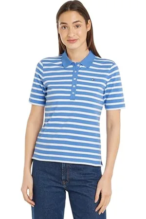 Tommy Hilfiger Damen Poloshirt Kurzarm 1985 Pique Stripe Polo Regular Fit, Mehrfarbig (Breton Ecru/Blue Spell), XXS