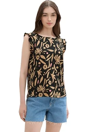 TOM TAILOR Damen Basic Top mit kurzen Volantärmeln, black tropical print, M