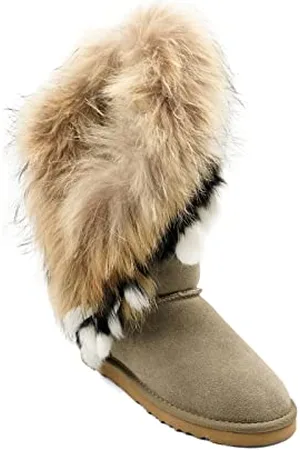 Oog Indianer Leder Boots, Winterstiefel für kaltes Wetter, Fell Pelz Langstiefeln echtes Leder Schuhe Winterstiefeln Boot, wasserdichte Schneeschuhe, warm (8018Khaki-Black, numeric_38)