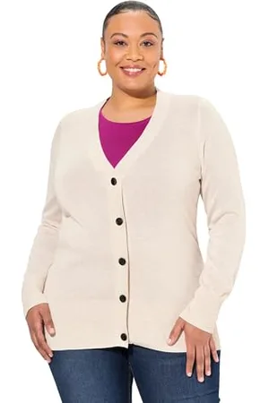 Ulla Popken Damen Strickjacke, V-Ausschnitt, Knopfleiste, Feinstrick Pullover, , 62-64 EU