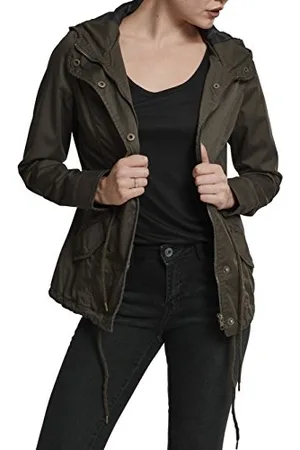 Urban classics TB1820 Damen und Mädchen Basic Cotton Parka, Jacke aus Baumwolle für Herbst und Winter mit Kapuze, Taille verstellbar, Tunnelzug-Saum - olive, Größe L