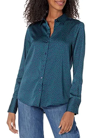 Amazon Damen Satin-Bluse mit Knopfleiste in klassischer Passform (in Übergröße erhältlich), , XXL