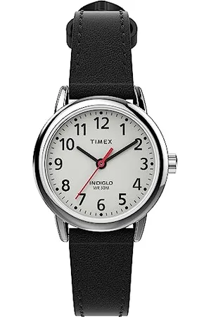Timex Easy Reader Damenuhr, silberfarbenes Gehäuse mit schwarzem nachhaltigem Band und weißem Zifferblatt