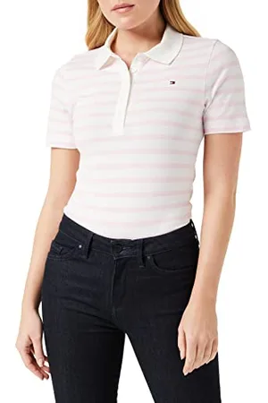 Tommy Hilfiger Damen Poloshirt Kurzarm 1985 Slim Pique Slim Fit, Weiß (Breton Stripes Ecru/Pastel Pink), XXL