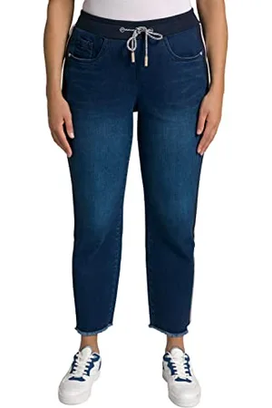 Ulla Popken Damen, große Größen, Boyfriend-Jeans, Rippbund, Seitenstreifen, Fransensaum