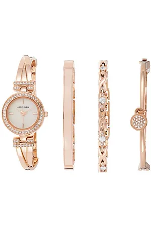Anne Klein Damen-Set mit hochwertiger roségoldfarbener Armreifuhr und Armband mit Kristallakzenten