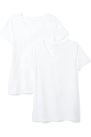 Amazon Damen Kurzärmeliges T-Shirt mit V-Ausschnitt, Klassischer Schnitt, 2er-Pack, , XS
