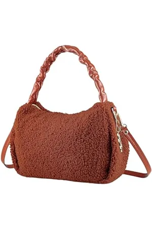 Alessandro Schultertasche Teddy aus rostrotem Teddystoff mit Leder 33cm x 20cm x 10cm