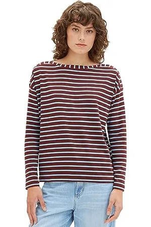 TOM TAILOR Damen Basic Langarmshirt mit Streifen , brown blue stripe, S