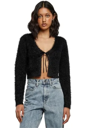 Urban classics Damen TB6082-Ladies Tied Cropped Feather Cardigan Strickjacke, Black, XXL