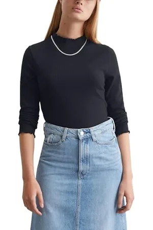 Marc O’ Polo Marc OߴPolo Denim Damen Langarmshirt mit Rüschenkanten gerippt, Blau , M