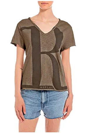Replay Damen T-Shirt Kurzarm mit Backprint, (Braun), L