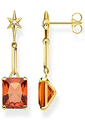 Thomas Sabo Ohrringe mit orangenem Stein und Stern aus 925 Sterlingsilber mit 750 Gelbgold vergoldet, verziert mit Zirkonia und Glas Keramik Steinen, CR677-001-21