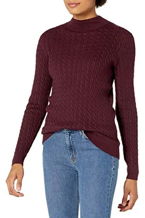 Amazon Damen Leichter Langarm-Pullover mit Stehkragen und Zopfmuster in klassischer Passform, , XS
