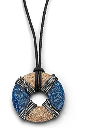DUR Halskette Rettungsring mit Strandsand und Kyanitsand veredelt mit Ziegenlederband und Sterling Silber, Silber/Blau/Beige, 100 cm, K2655