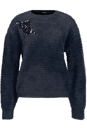 Taifun Damen Flauschiger Pullover mit Pailletten-Detail Langarm, Ärmelbündchen, überschnittene Schultern unifarben 38