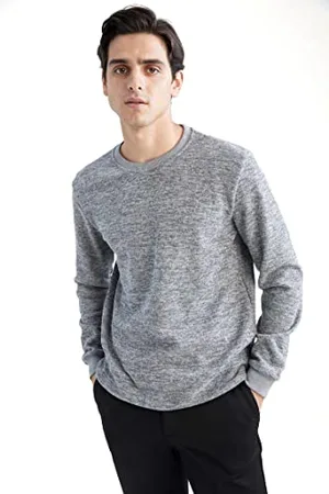 DeFacto Langarm Pullover Herren - Rundhalsausschnitt Sweatshirt für HerrenGREY Melange,5XL