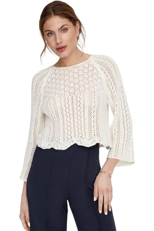 ONLY Damen Eleganter Strickpullover | Cropped 3/4 Arm Shirt | Knitted Pointelle Stretch Sweater ONLNOLA, Farben:Weiß, Größe:XL