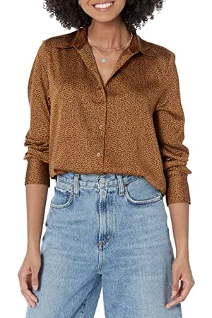 Amazon Damen Satin-Bluse mit Knopfleiste in klassischer Passform (in Übergröße erhältlich), , XS