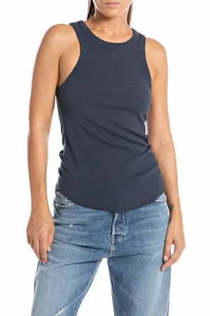 Replay Damen Tank Top Höher geschnitten, (Blau), XL