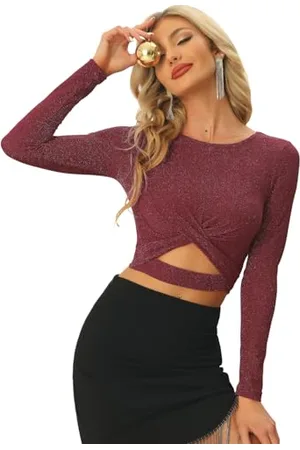 Allegra K Damen Crop Top Festival Outfit Glitzer Langarm Rundhals Crop Top Bauchfreies Shirt XS