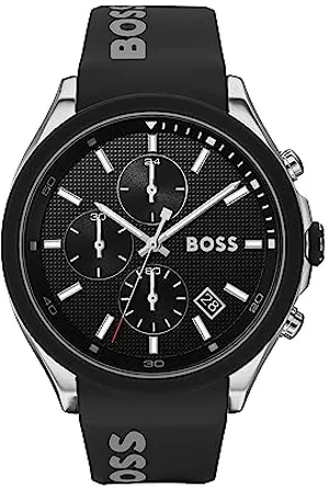 HUGO BOSS Herren 44 mm Chronograph Quarz Uhr Velocity Kollektion mit Schwarzem Texturiertem Zifferblatt, Schwarzem Silikonarmband, Datumsfunktion, 3 Sub-Dials, 5ATM Wasserresistenz - 1513716