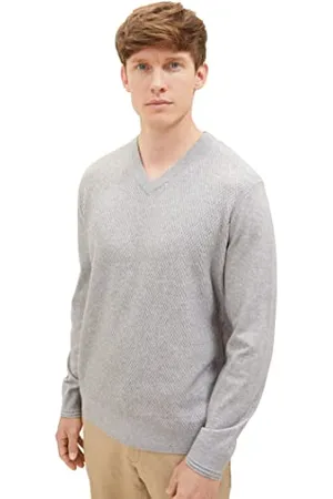 TOM TAILOR Herren 1038194 Cosy Strickpullover mit V-Ausschnitt, 12035-Grey Heather Melange, L