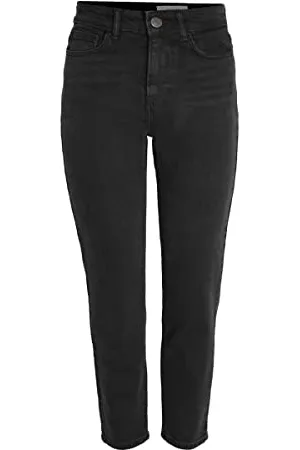 Noisy May Damen Straight Fit Cropped Jeans High Waist Denim Stretch Hose Raw Wash Pants NMMONI, Farben:Schwarz, Größe:29W / 34L, Z-Länge:L34