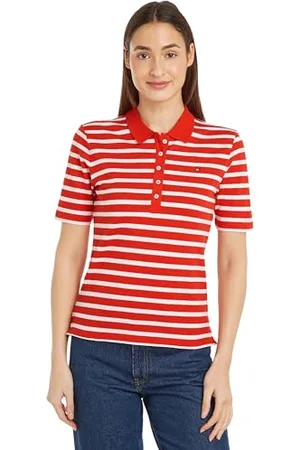 Tommy Hilfiger Damen Poloshirt Kurzarm 1985 Pique Stripe Polo Regular Fit, Mehrfarbig (Breton Fierce Red/Ecru), S