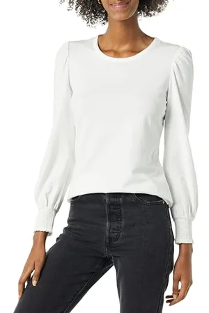 Amazon Damen Langarm-T-Shirt mit Rundhalsausschnitt und gesmokten Bündchen, , XL
