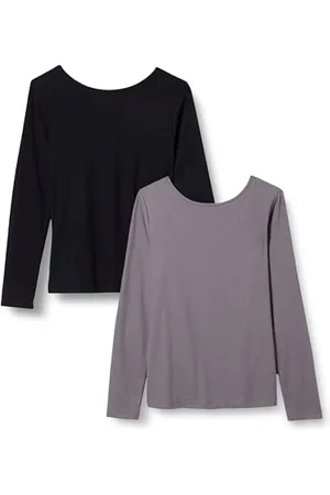 Amazon Damen Langärmliges Rippstrick-T-Shirt mit U-Ausschnitt hinten und schmaler Passform, 2er-Pack, , M