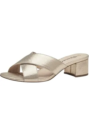 Tamaris Damen Mules Pantoletten mit Absatz Textil Vegan Blockabsatz Sommer; /metallic; 37
