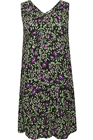 Kaffe Damen Übergroße Schiff-Knee-Länge mit V-Ausschnitt Kleid, Schwarz/Grün/Lila Blume, 48/Grande Taille