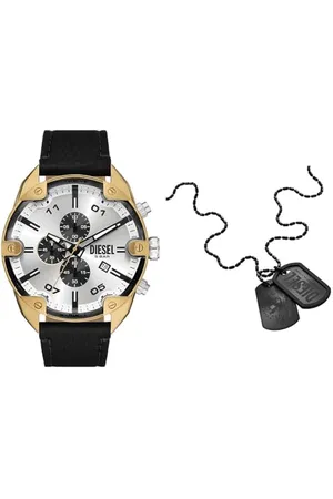 Diesel Herren Spiked Schwarze Lederuhr und Font Halskette aus Edelstahl, Set