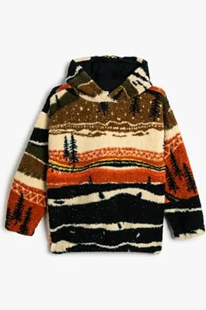 Koton Boys Shearling Hoodie Long Sleeve Nature Themed Patterned