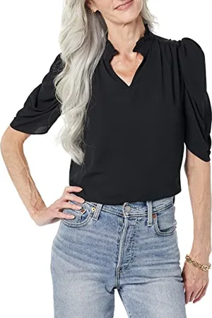 Amazon Damen Leichte, gewebte Georgette-Bluse mit halben Ärmeln und Rüschenausschnitt, , XS