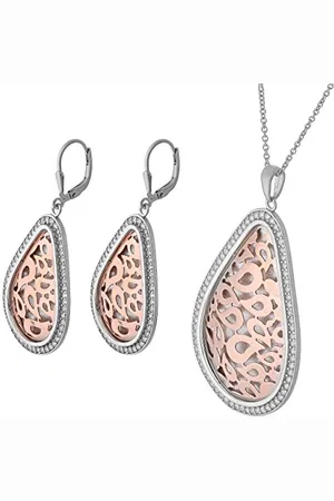 ORPHELIA Damen-Schmuckset Halskette + Ohrringe 925 Silber teilvergoldet Zirkonia weiß Rundschliff-SET-068